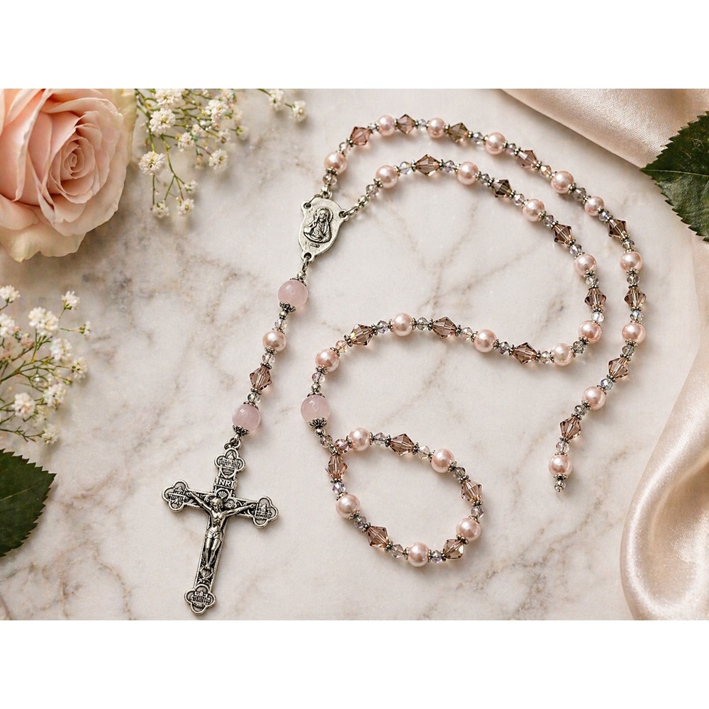 Pink Pearl Crystal Rosary Necklace Silver Tone Crucifix‎ Italy Catholic